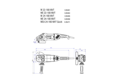 Metabo 7" Angle Grinder - 8,500 RPM - 15.0 AMP w/Lock-on Trigger W 24-180 MVT - 606466420 Measurement view