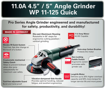 Metabo WP 11-125 Quick 4-1/2"-5" Corded Paddle Switch Angle Grinder - 603624420 Instruction