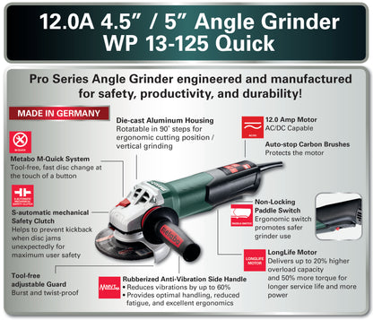 Metabo WP 13-125 Quick 4-1/2"-5" Corded Paddle Switch Angle Grinder - 603629420 Instruction